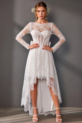 White High-Low Boat Neck Long Sleeves Corset A Line Boho Wedding Dress