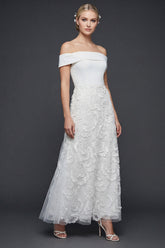 White Floral A Line Maxi Off the Shoulder Boho Wedding Dress with Appliques