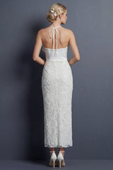 Sparkly White Halter Maxi Mermaid Appliqued Ruffled Boho Wedding Dress