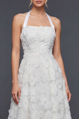 White A Line Halter Maxi Floral Boho Wedding Dress