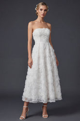 White A Line Strapless Maxi Floral Boho Wedding Dress