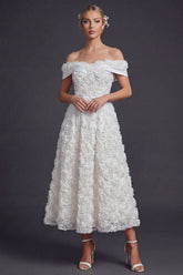 White A Line Off the Shoulder Maxi Boho Wedding Dress with 3D Flowers