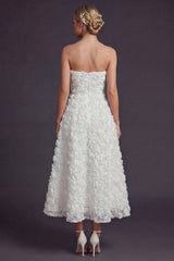 White Strapless Maxi A Line Boho Wedding Dress with 3D Flowers