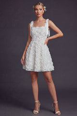 White A Line Square Neck Floral Short Boho Wedding Dress with Bow