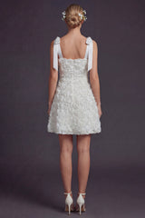 White A Line Square Neck Floral Short Boho Wedding Dress with Bow