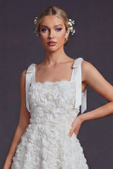 White A Line Square Neck Floral Short Boho Wedding Dress with Bow