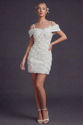 White Cold Shoulder Short Boho Wedding Dress with 3D Flowers