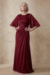 Red Sheath Round Neck Long Mother of the Bride Dress with Sleeves