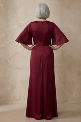Red Sheath Round Neck Long Mother of the Bride Dress with Sleeves