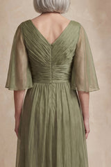 Dusty Sage Ruched Flutter Sleeves Long Mother of the Bride Dress