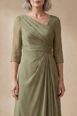 Dusty Sage Long A Line Ruched Mother of the Bride Dress with Sleeves