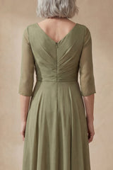 Dusty Sage Long A Line Ruched Mother of the Bride Dress with Sleeves