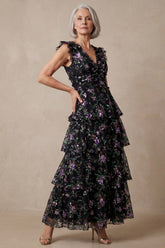 Black V Neck Floral Sparkly Sequin Tiered Long A Line Mother of the Bride Dress with Ruffles