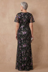 Sparkly Black V Neck Sequin Mermaid Long Mother of the Bride Dress with Slit