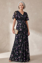 V Neck Sparkly Floral Black Long A Line Mother of the Bride Dress
