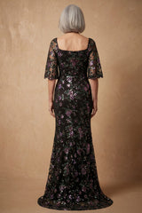 Square Neck Black Sparkly Floral Long Mermaid Mother of the Bride Dress with Sleeves