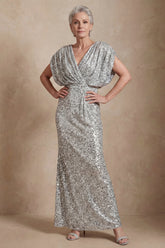 Sparkly Silver V Neck Sequin Long Mermaid Mother of the Bride Dress
