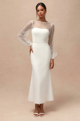 White Long Mermaid Bateau Neck Engagement Dress with Sleeves