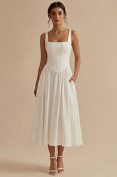 White Maxi Basque Waist Square Neck Corset Engagement Dress