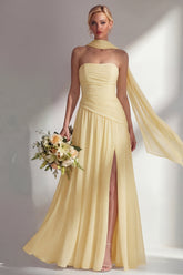 Strapless Ruched Long Butter Yellow Neck Scarf Boho Bridesmaid Dress with Slit