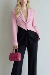 Black Pink Patchwork Single Breasted 2 Piece Wide Leg Notched Lapel Prom Suits