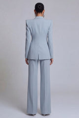 Peak Lapel 2 Piece Single Breasted Wide Leg Grey Blue Prom Suits
