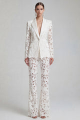 Floral 2 Piece Single Breasted Peak Lapel White Wide Leg Lace Prom Suits
