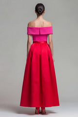 Fuchsia and Red Long A Line Off the Shoulder Patchwork Formal Dress