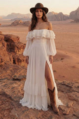 Maxi A Line Ivory Beach Wedding Dress with Ruffles