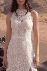 Sheath Floral Ivory Lace Maxi Boho Wedding Dress with Slit