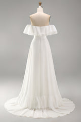 Ivory A Line Maxi Off the Shoulder Beach Wedding Dress with Ruffles