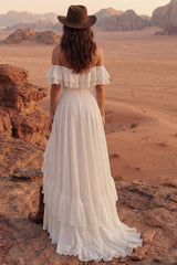 Ivory A Line Maxi Off the Shoulder Beach Wedding Dress with Ruffles