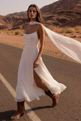 A Line Spaghetti Straps Ivory Maxi Beach Bridal Dress with Slit