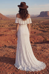 Ivory Maxi Floral Mermaid Boho Wedding Dress with Ruffles