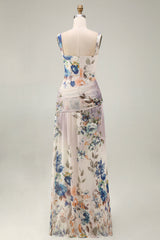 Square Neck A Line Draped Floral Maxi Ivory Beach Wedding Guest Dress