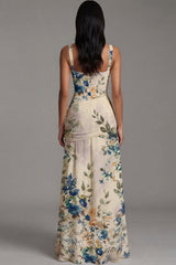 Square Neck A Line Draped Floral Maxi Ivory Beach Wedding Guest Dress