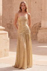 Sparkly Strapless Gold A Line Long Metallic Prom Dress with Pleats