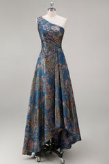 Peacock Blue One Shoulder A Line Asymmetrical Floral Formal Dress
