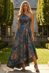 Peacock Blue One Shoulder A Line Asymmetrical Floral Formal Dress