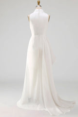 Sheath Maxi High Neck Ruched Beach Wedding Dress