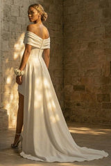 Maxi A Line Ruched White Beach Wedding Dress with Slit