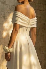 Maxi A Line Ruched White Beach Wedding Dress with Slit