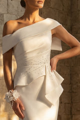 White Ruched Sweep Train Mermaid One Shoulder Boho Wedding Dress with Ruffles