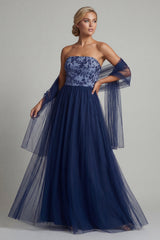 A Line Navy Long Floral Mother of the Bride Dress with Shawl