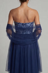 A Line Navy Long Floral Mother of the Bride Dress with Shawl