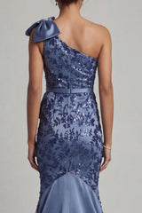 Floral Long Mermaid Navy Mother of the Bride Dress with Bow