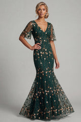 Long Mermaid V-Neck Dark Green Floral Mother of the Bride Dress
