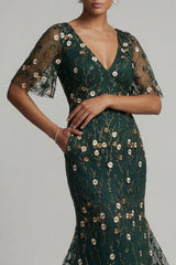 Long Mermaid V-Neck Dark Green Floral Mother of the Bride Dress