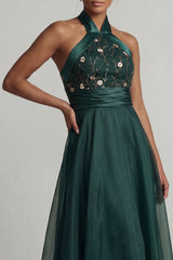 A Line Dark Green Floral Halter Long Mother of the Bride Dress