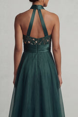 A Line Dark Green Floral Halter Long Mother of the Bride Dress